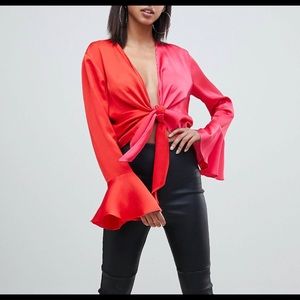 NWT Misguided Tie Front Two Tone Satin Blouse